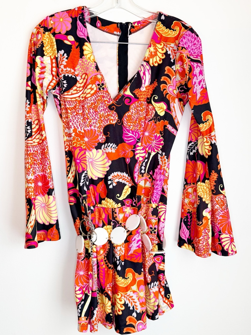 Black Floral-Print Long Sleeve Wrap Dress with Pink & Orange Accents